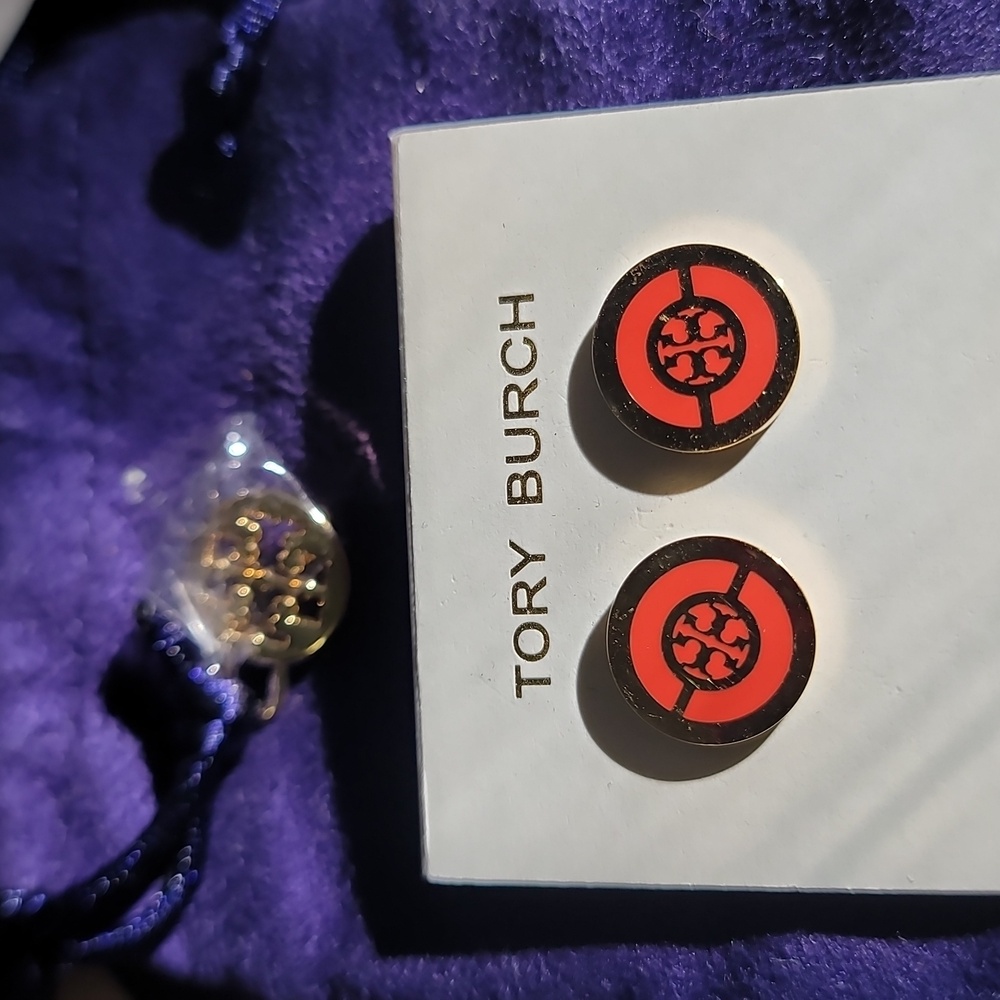 Tory Burch Red and Black Round Logo Stud Earrings